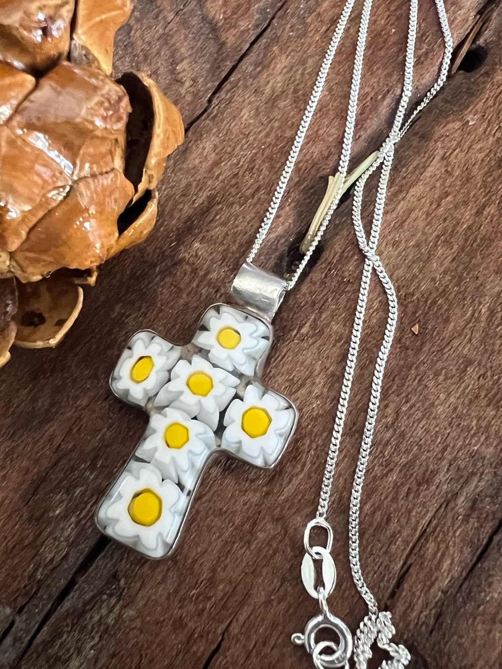 Italy Millefiori Sterling Daisy Cross Pendant Necklace Murano Glass White Yellow
